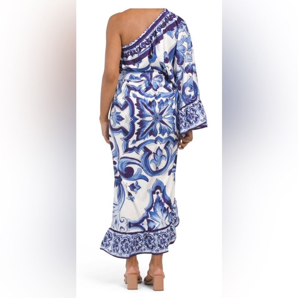 XL, asymmetrical shoulder, dry clean, brilliant blues, for wedding/garden party